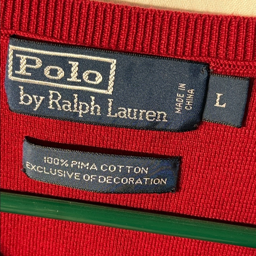 POLO by Ralph Lauren Red Pima Cotton Sweater Vest V-Neck Knit Pullover - Large - Picture 4 of 8